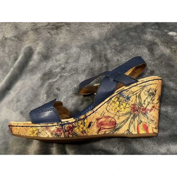 b.o.c Shoes Womens Size 10 Blue Floral Cork Wedge Sandals Comfort Strappy Summer - Picture 4 of 14